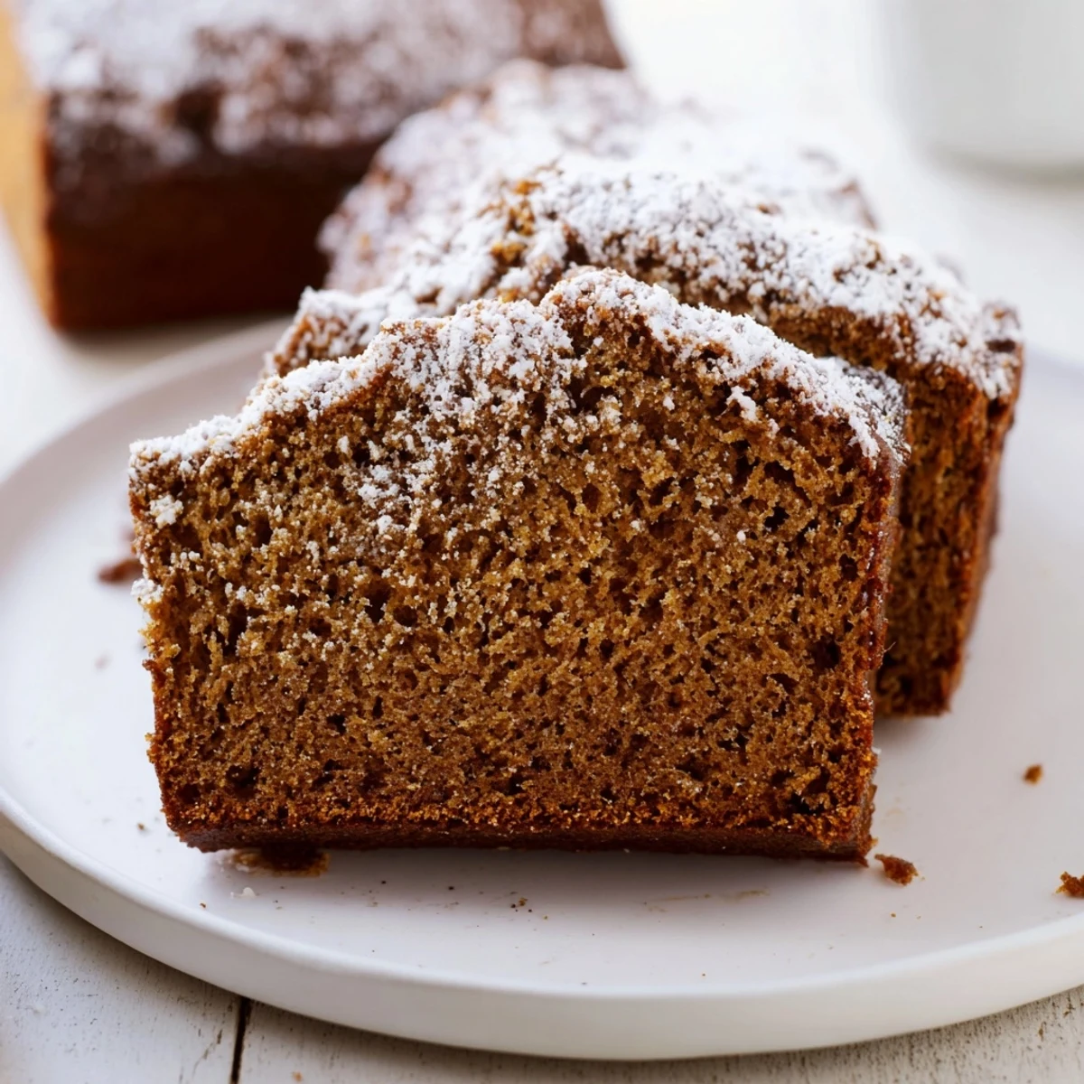 Warm, spiced gingerbread loaf with a slightly cracked top, perfect for a cozy afternoon treat.