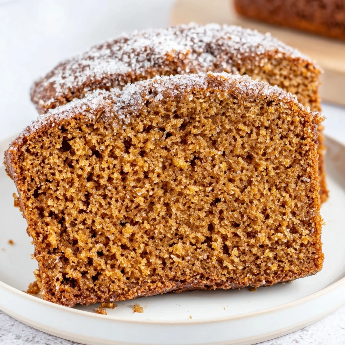 A slice of homemade gingerbread, moist and dark, ready to be enjoyed with a hot drink.