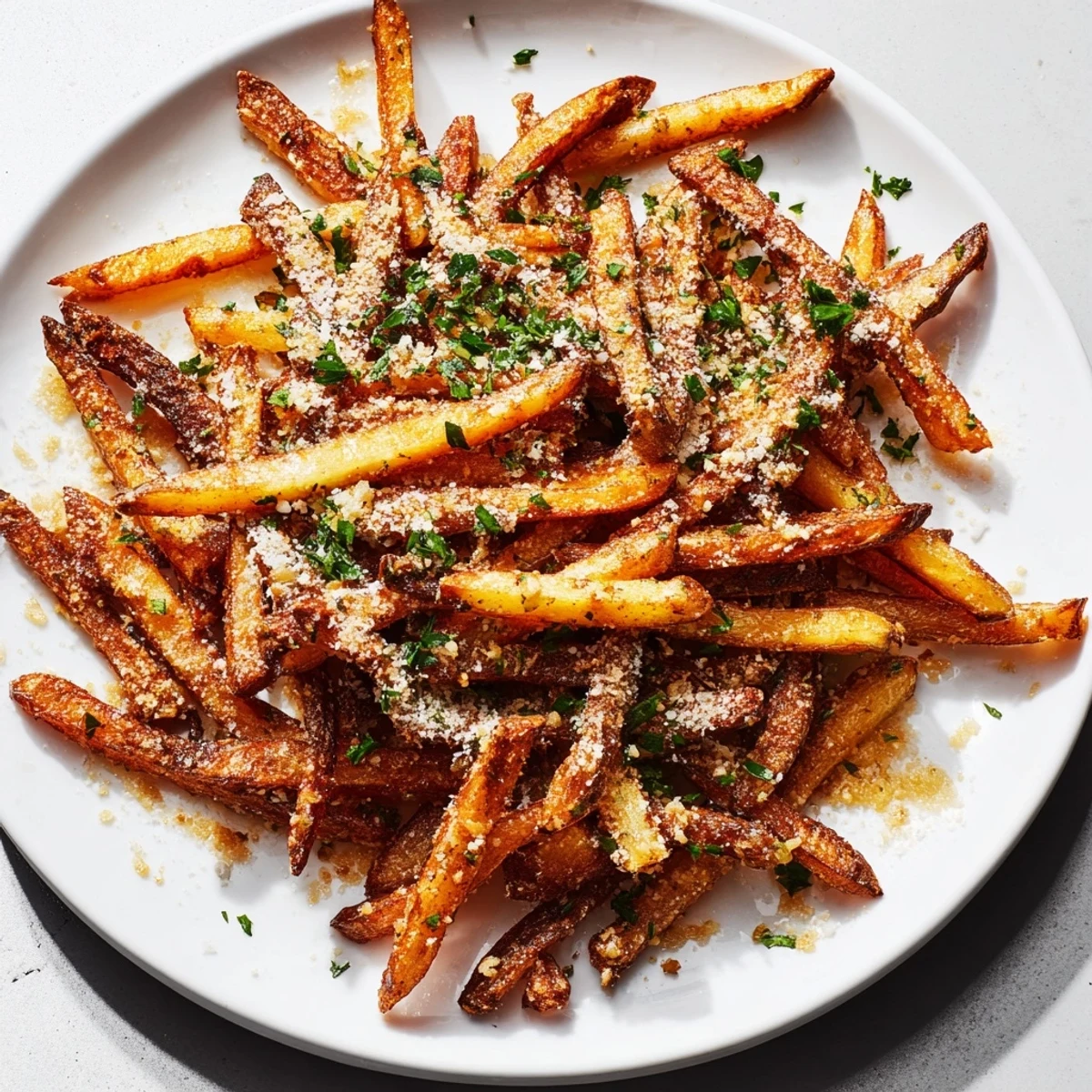 Golden, crispy garlic fries, perfectly seasoned with herbs, ready for serving as a side.