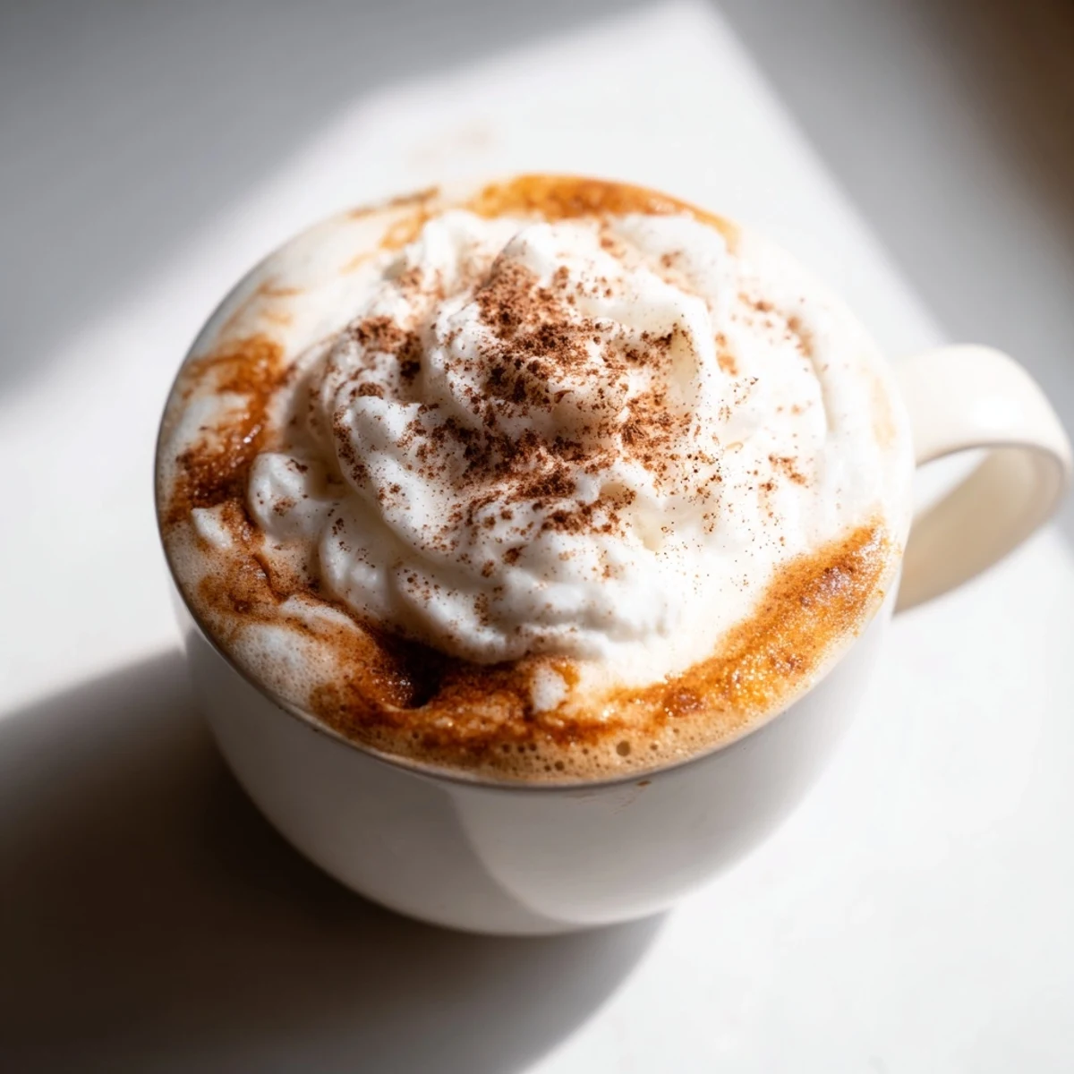 Steaming Latte Spiced topped with whipped cream and a dusting of cinnamon, inviting aroma.