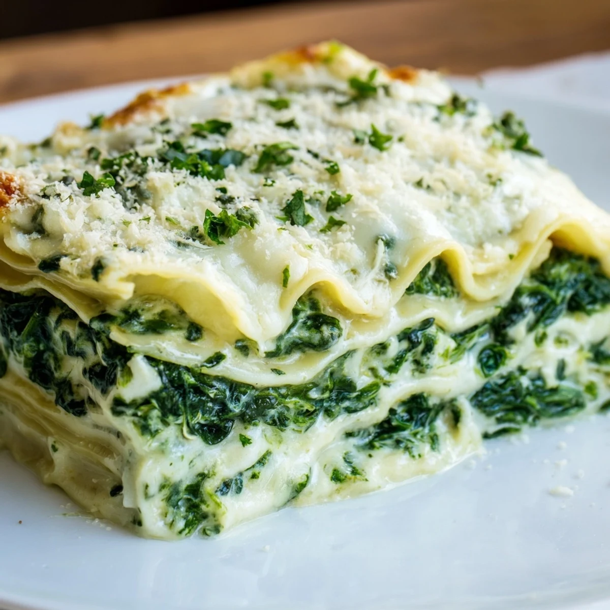 Creamy, layered Spinach and Ricotta Lasagna, golden brown and bubbly, ready to be served.