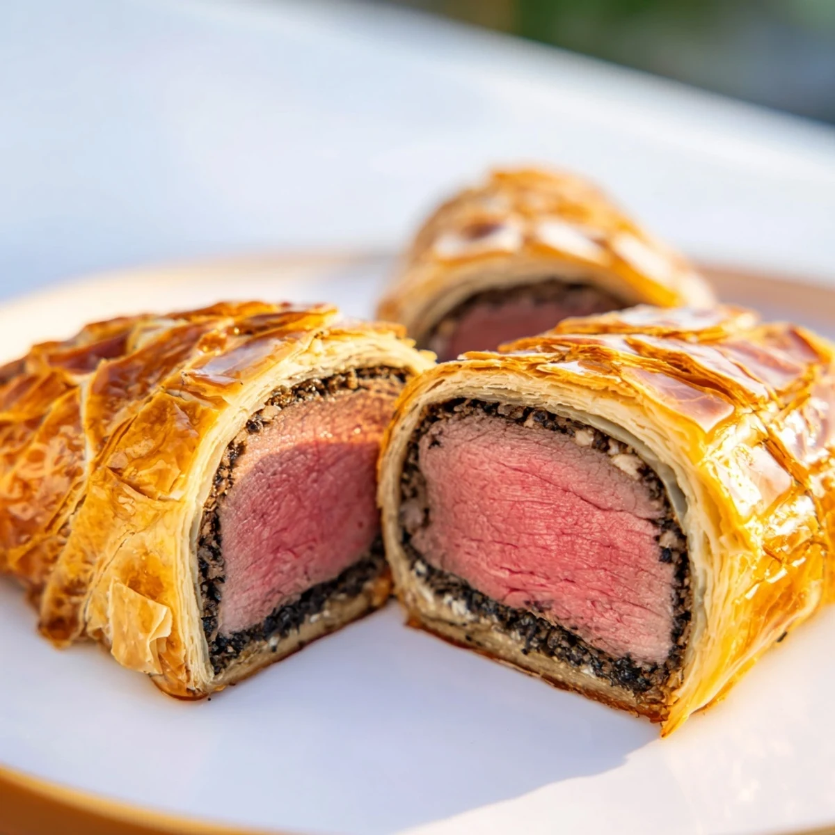 Golden-brown Beef Wellington, with flaky pastry, showcasing the perfectly cooked tenderloin inside.