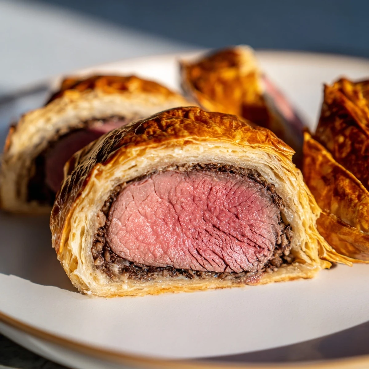 Elegant Beef Wellington: a close-up of the delicious dish, ready to be sliced for a perfect bite.