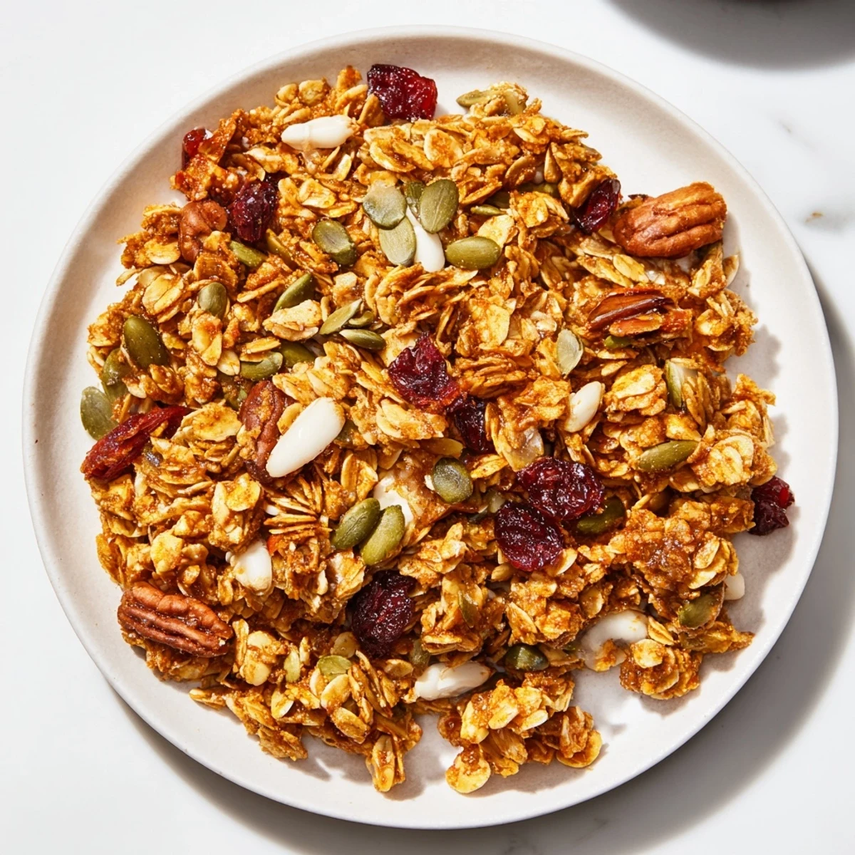 Golden-brown Gingerbread Spiced Granola, a crunchy mix with pecans and warming holiday spices.