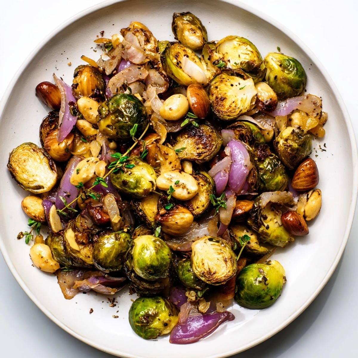 Golden roasted Brussels sprouts and chestnuts glistening on a serving platter, ready to enjoy.
