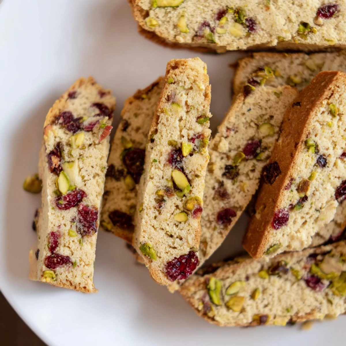 Crispy, twice-baked cranberry and pistachio biscotti, showcasing the vibrant red and green colors.