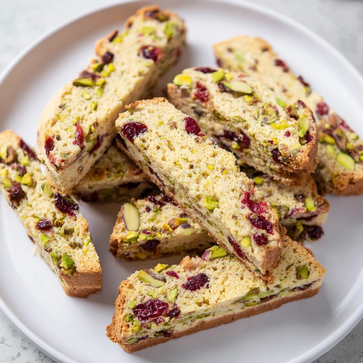 Golden brown cranberry and pistachio biscotti, perfect for dunking in morning coffee or afternoon tea.