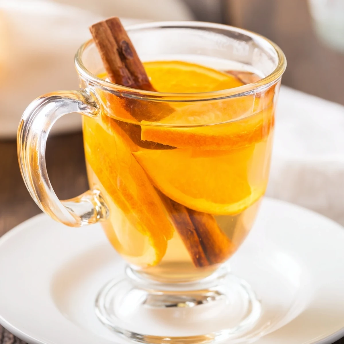 Golden apple cider infused with cloves, a perfect fall beverage with orange slices and spices.