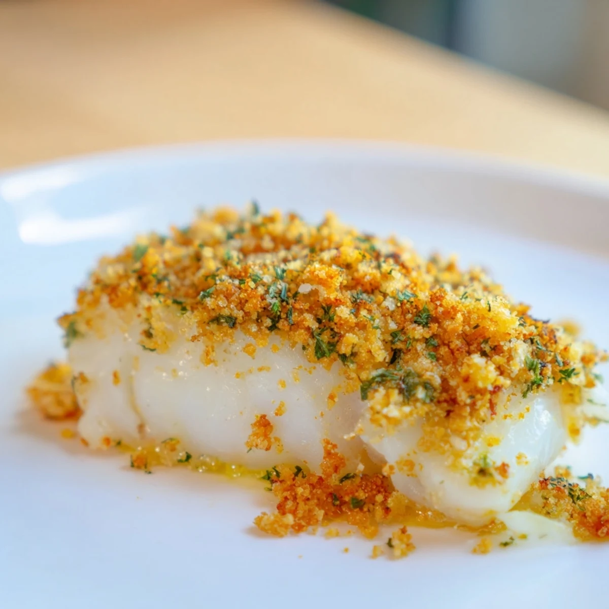 Golden, crispy Baked Cod with Chorizo-Free Crumble, offering a delightful aroma and flaky texture.