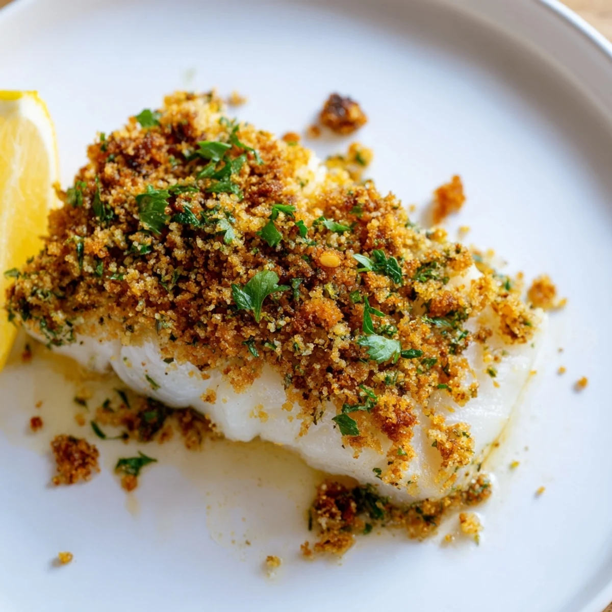 This Baked Cod with Chorizo-Free Crumble arrives, featuring a bubbly, savory breadcrumb topping over moist cod.