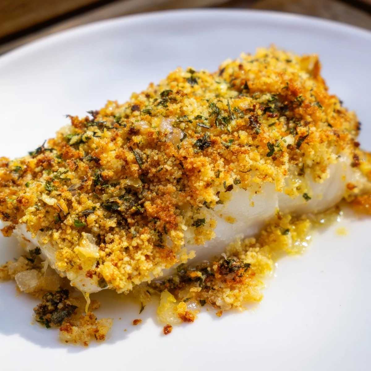 Served with lemon wedges, this Baked Cod with Chorizo-Free Crumble presents a flavorful, Mediterranean-inspired meal.