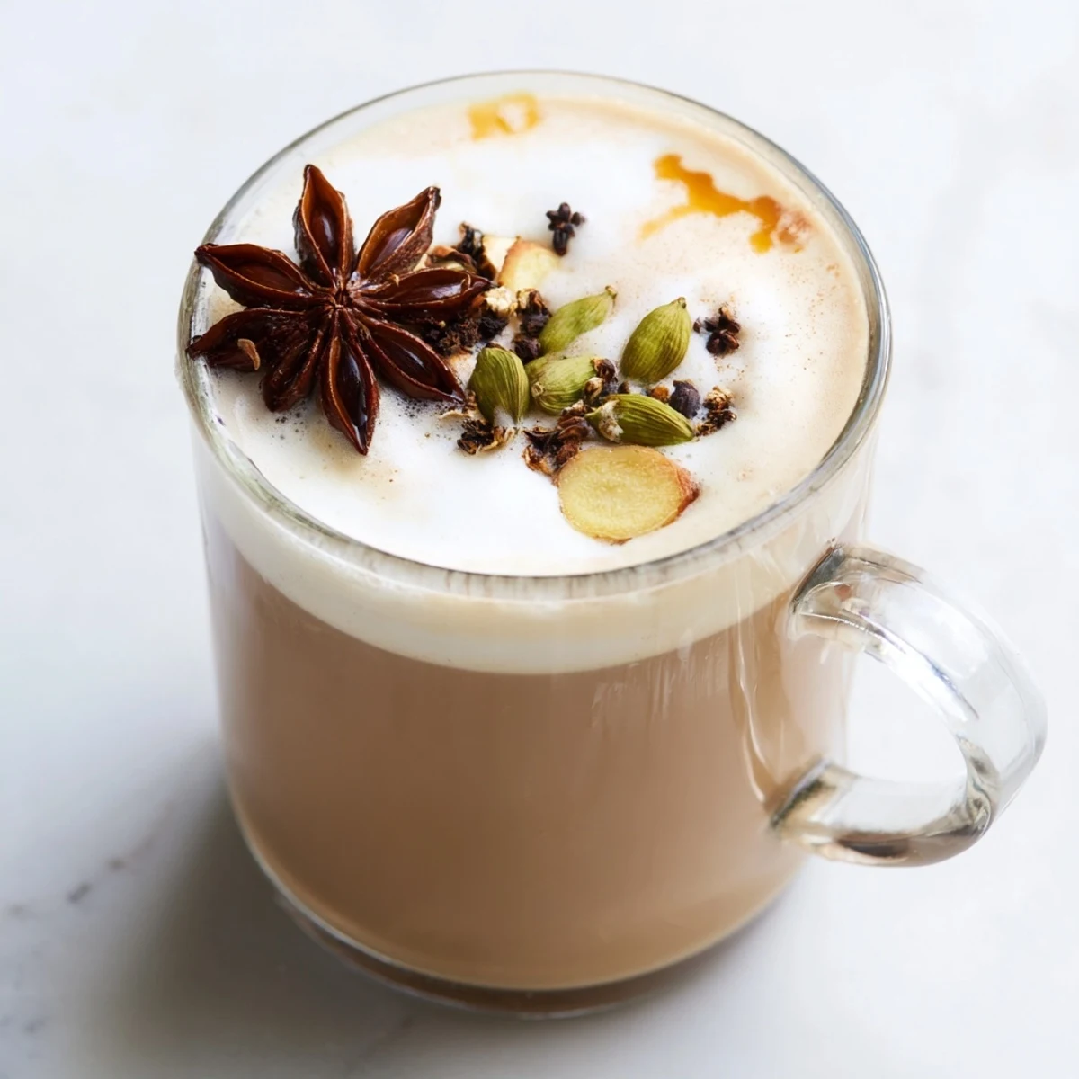 Enjoy a homemade Spiced Chai Latte, fragrant with cardamon and star anise, served in a cozy mug.