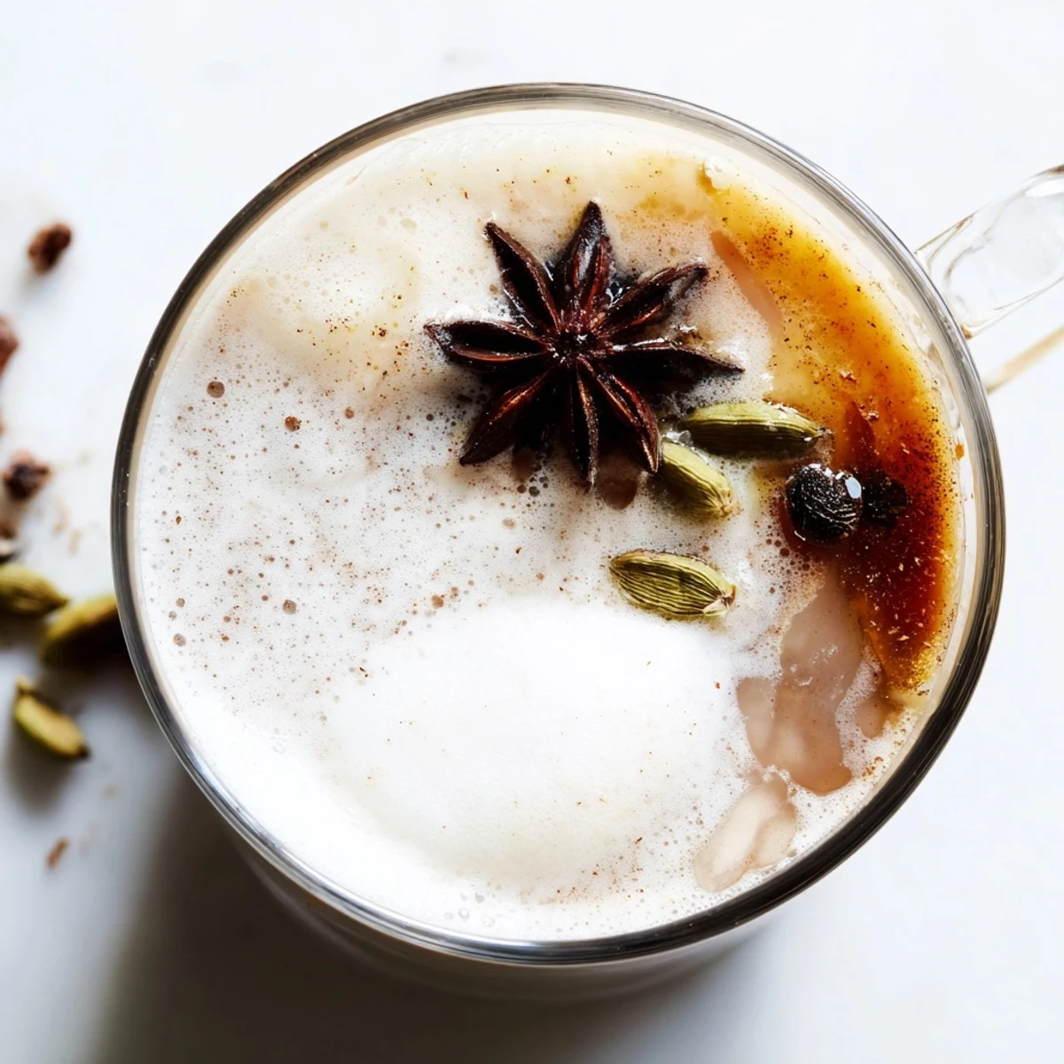 Close-up of a richly spiced Chai Latte featuring beautiful star anise and warm, inviting flavors.