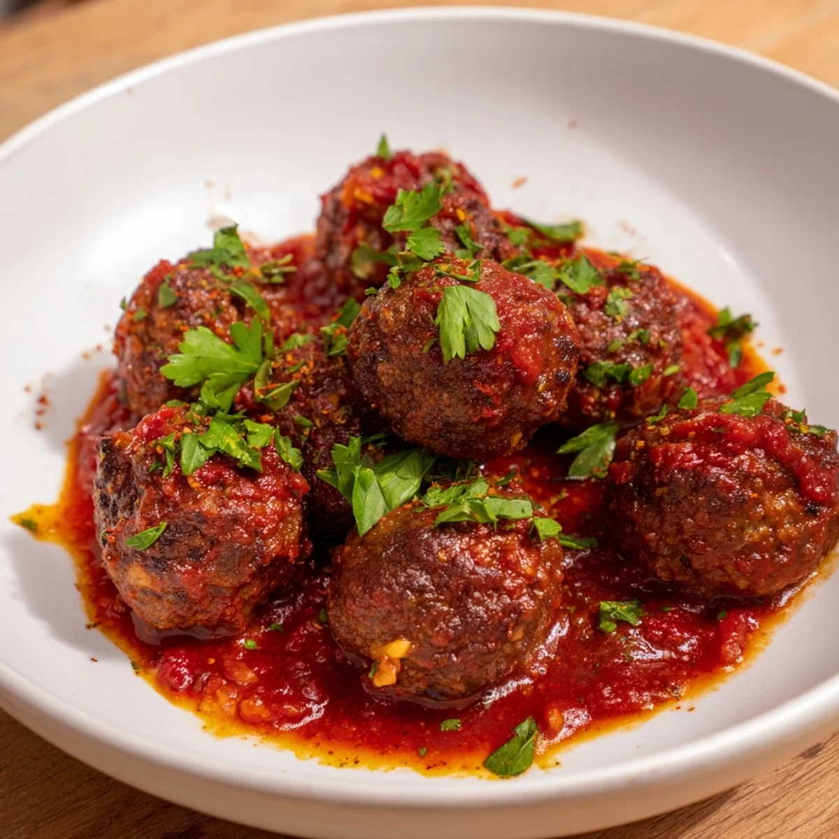 Lamb meatballs in tomato sauce bubbling in a skillet, ready to be served over pasta.