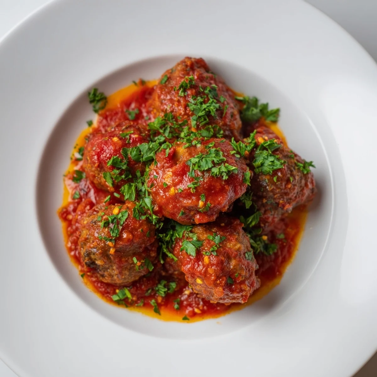 Fragrant lamb meatballs in tomato sauce simmering, offering a hearty and comforting Mediterranean meal.