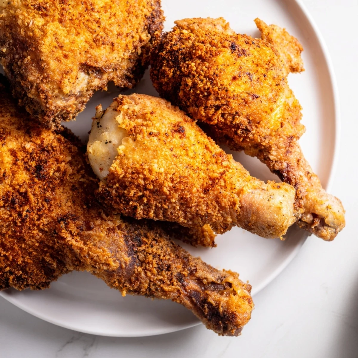 Close-up of crispy fried chicken, showcasing its golden, crunchy, and savory exterior.