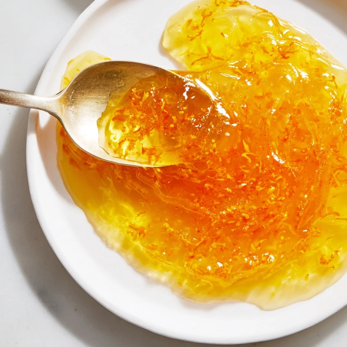 Golden, glistening Zesty Orange Jelly in a jar, perfect for spreading on morning toast or scones.