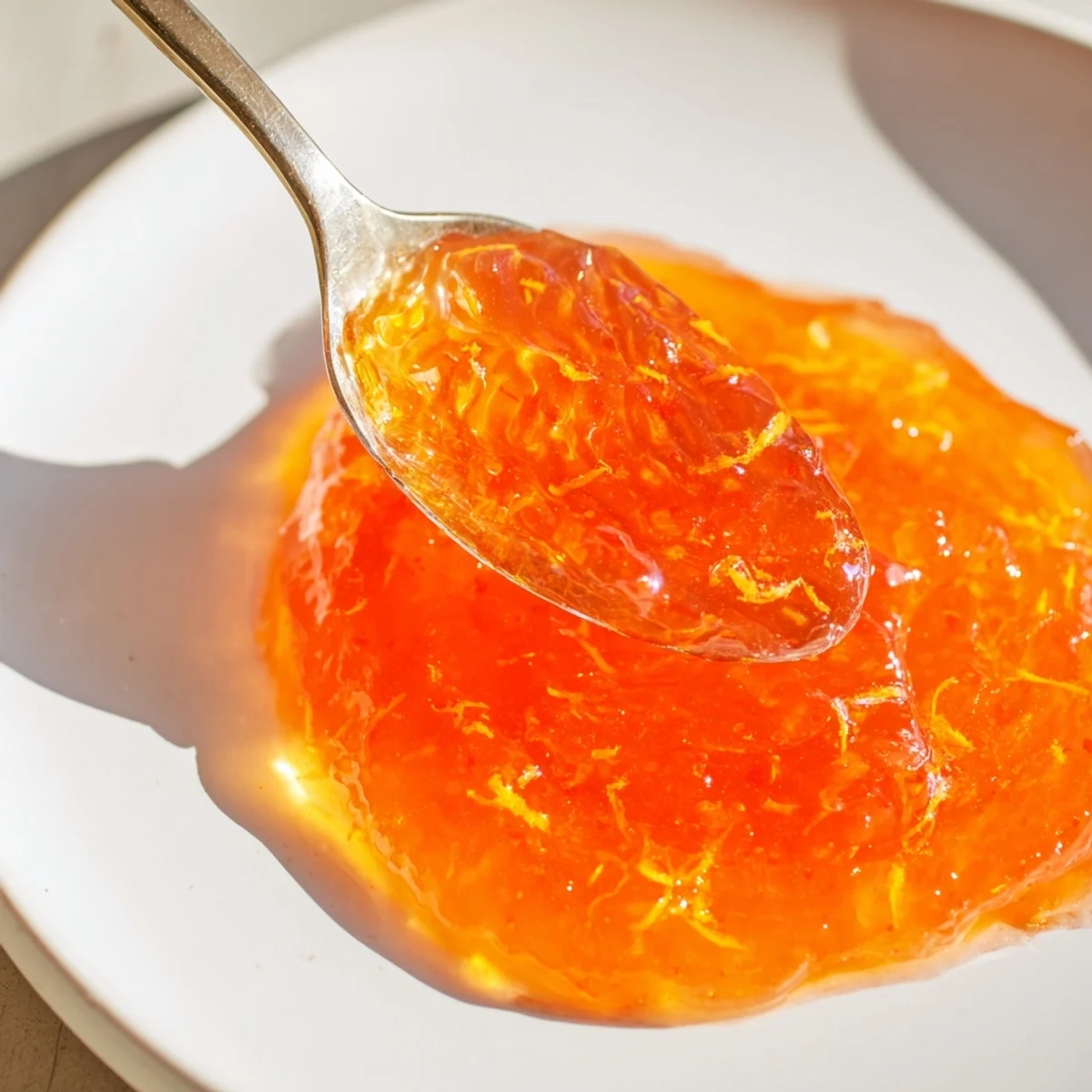 Homemade Zesty Orange Jelly, showcasing a beautiful, vibrant color and citrusy aroma, ready to be served.