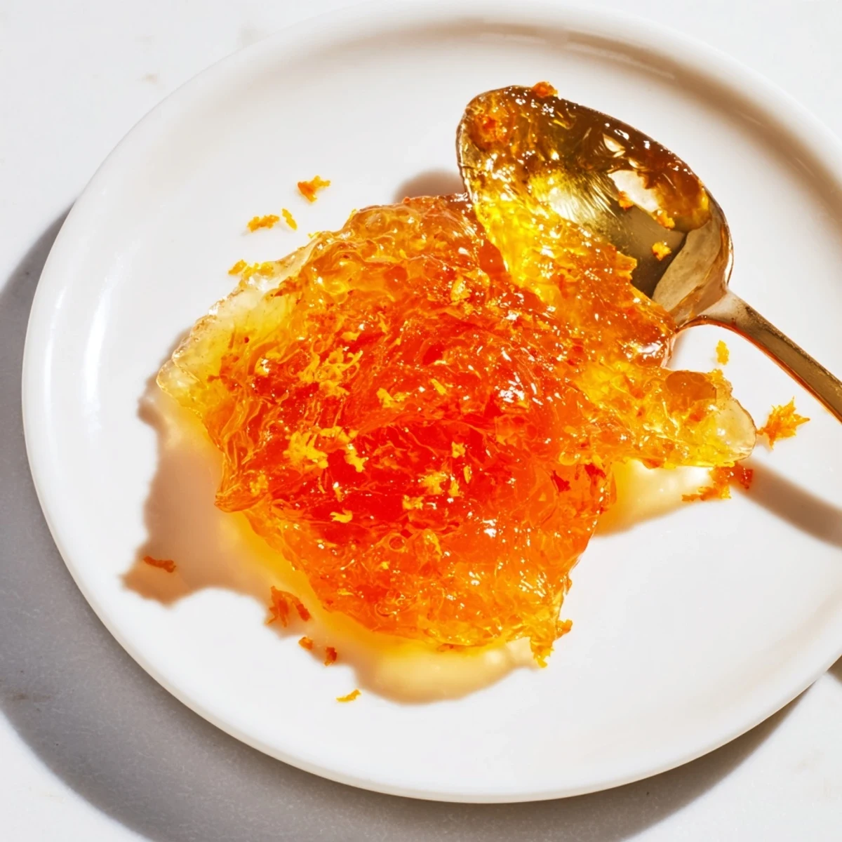 Bright, homemade Zesty Orange Jelly ready to be poured into jars, a sweet topping for any dessert or snack.