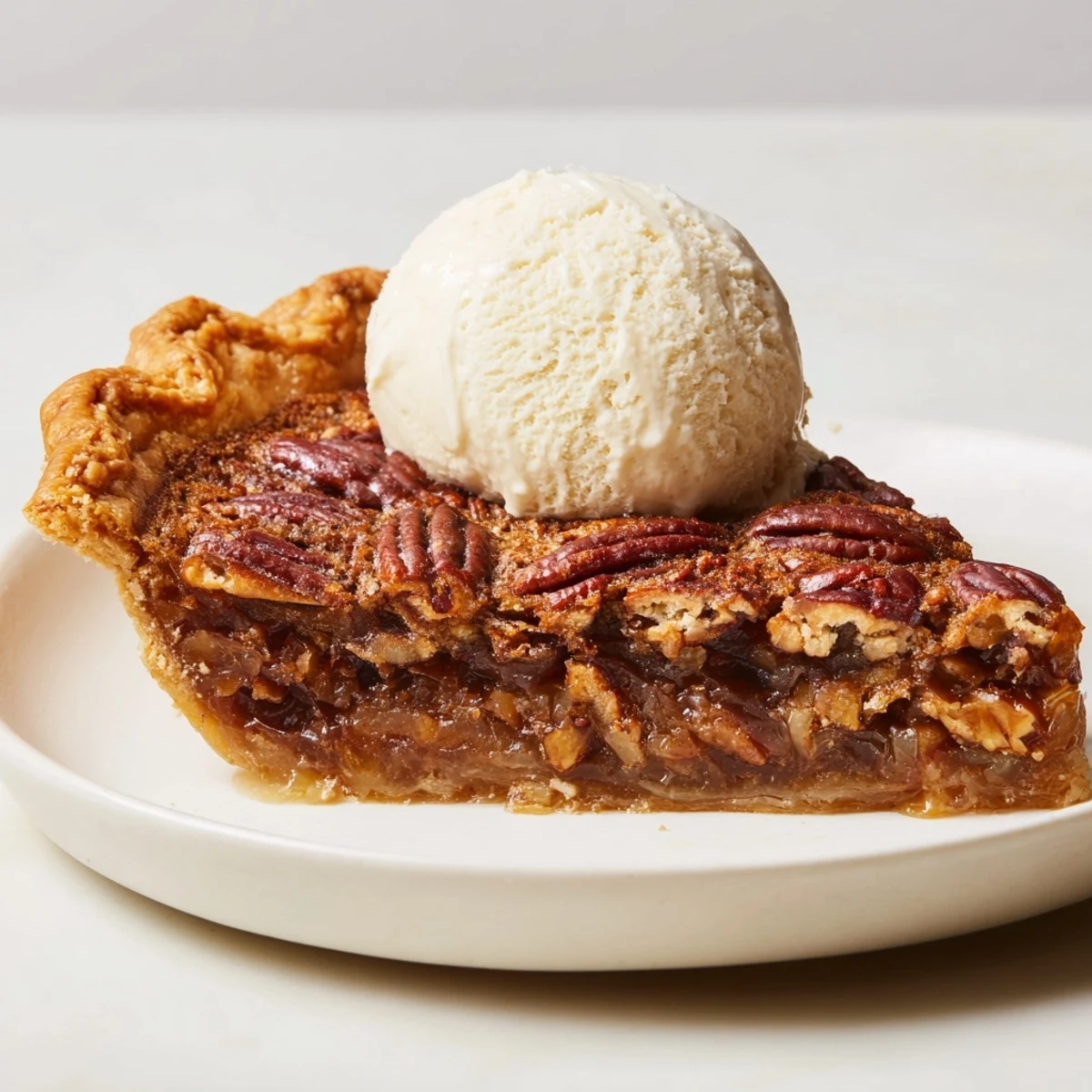 Golden brown Warm Pecan Pie, ready to serve with a scoop of melting vanilla ice cream and rich filling.