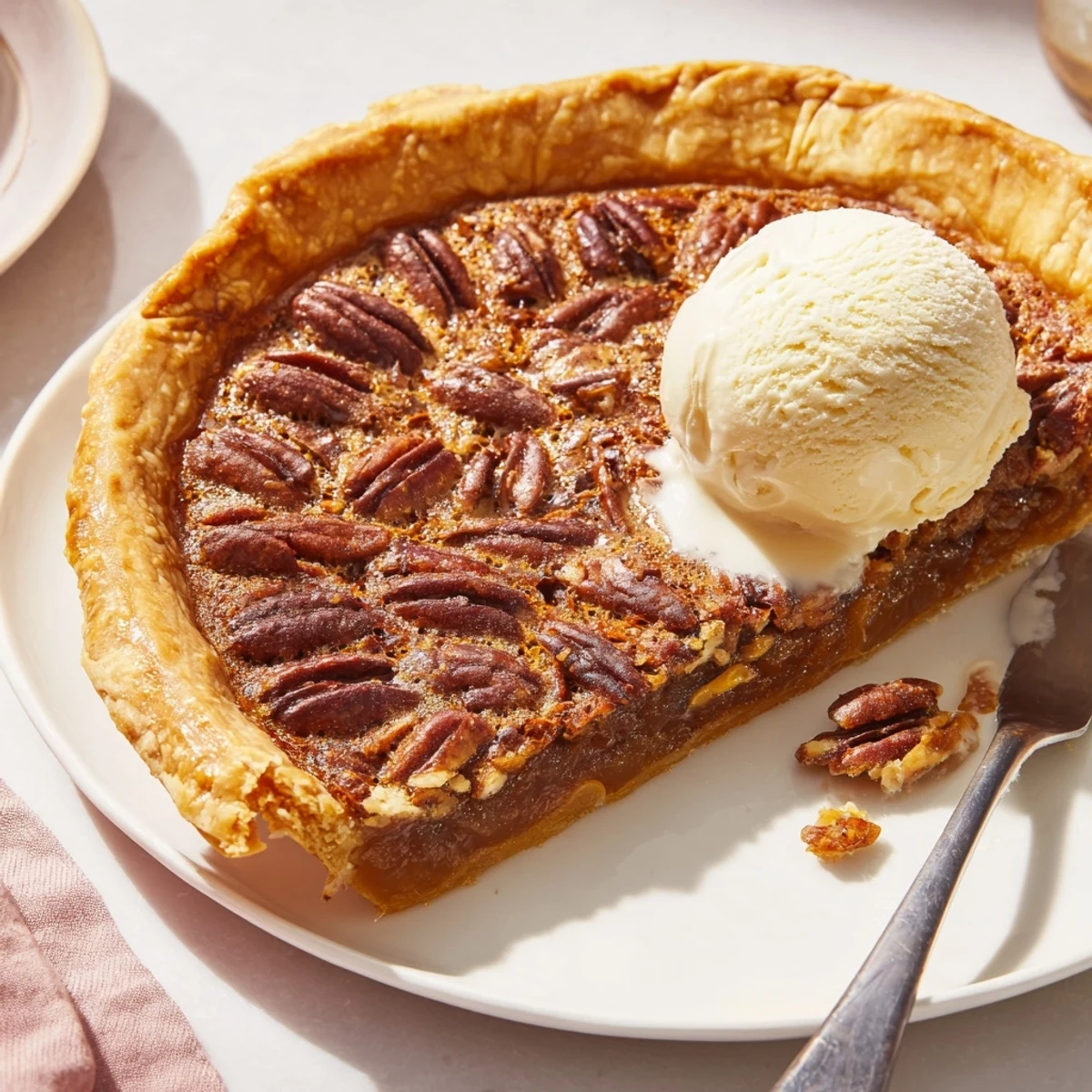 Close-up of a warm, glistening Warm Pecan Pie showing a flaky crust and toasted pecan topping.