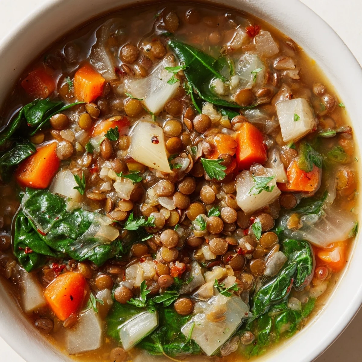 Steaming bowl of Hearty Lentil Soup, full of vegetables and rich broth, ready to eat.