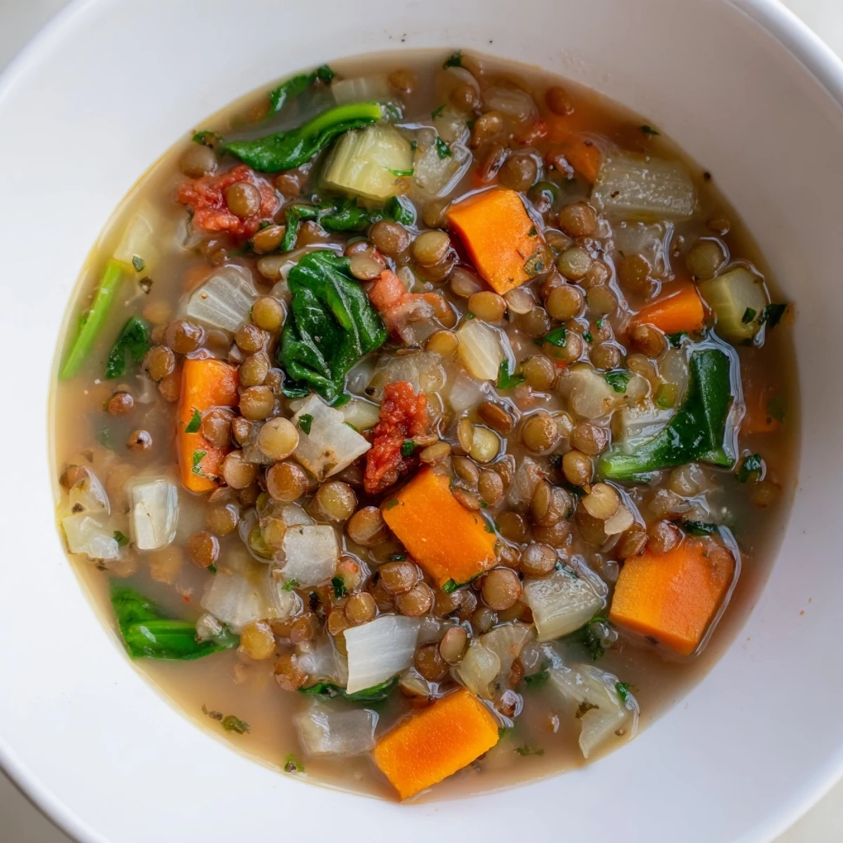 A close-up of Hearty Lentil Soup, showcasing tender lentils and vibrant, healthy vegetables.