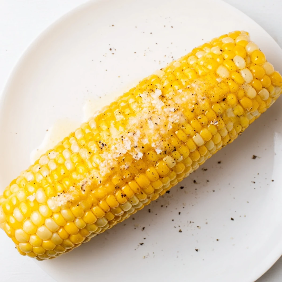 Fresh, golden corn on the cob, seasoned with salt and pepper, steaming after a quick boil.