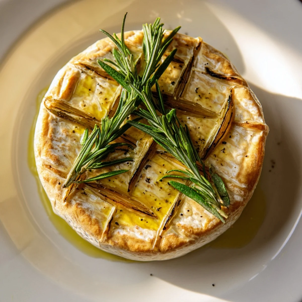 Sizzling close-up of baked Camembert cheese, aromatic with garlic, served with toasted bread.