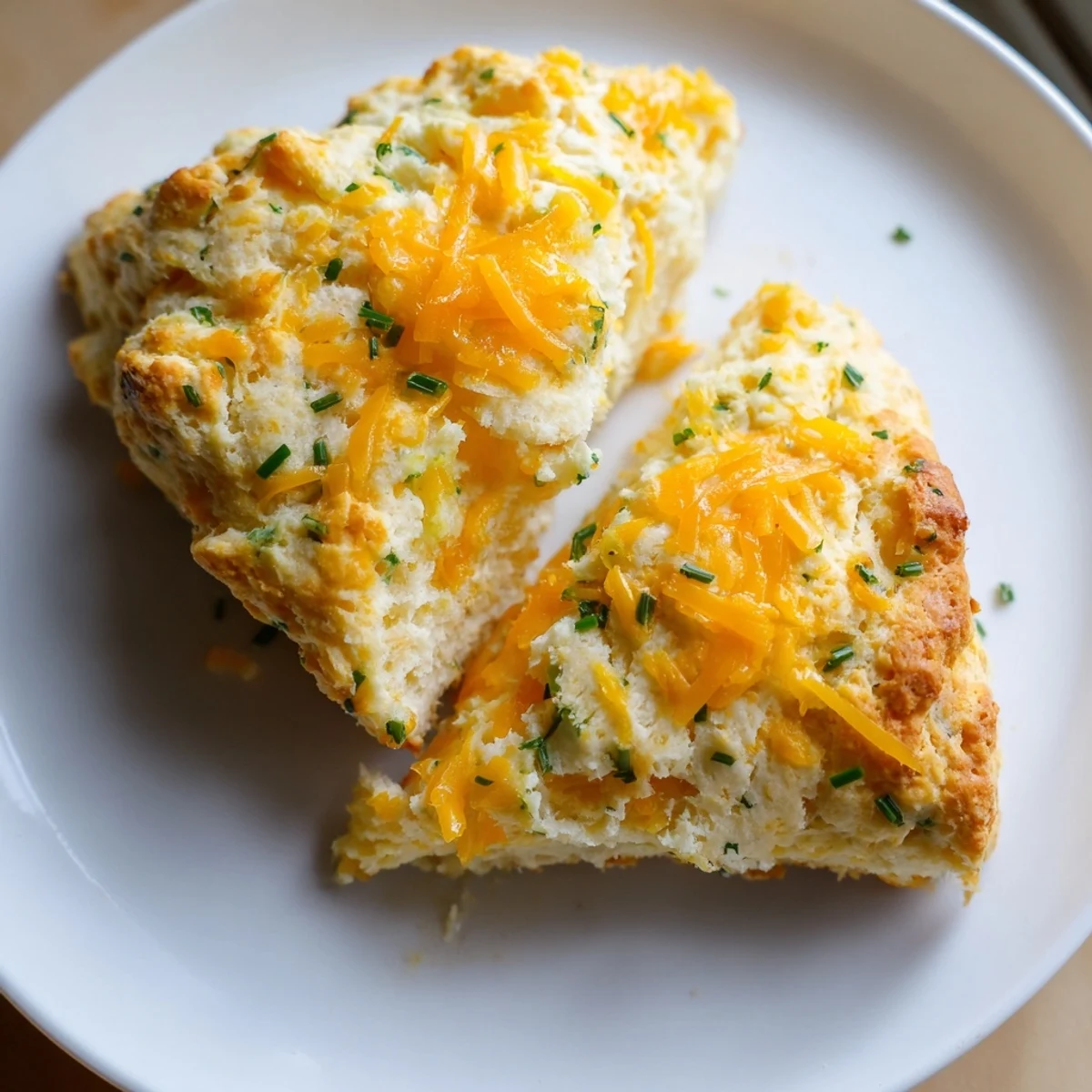 Freshly-baked savory cheese scones, flecked with chives, sit perfect for a tasty brunch.