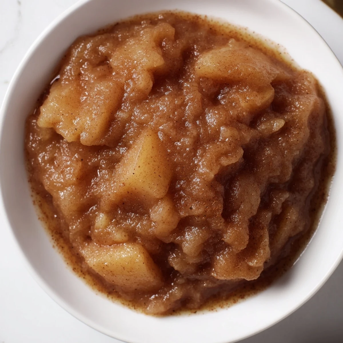 Steaming homemade spiced apple sauce with warm cinnamon and clove aromas, ready to serve.