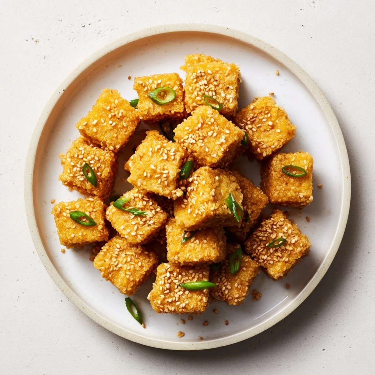 Crispy Tofu, golden brown and perfectly fried, ready to be enjoyed as a delicious vegan main dish.