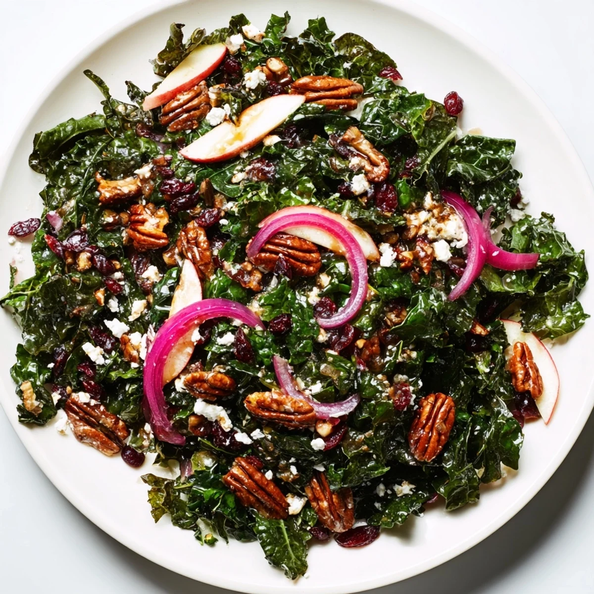 A colorful Winter Kale Salad with pecans, cranberries, and tangy maple-Dijon vinaigrette.