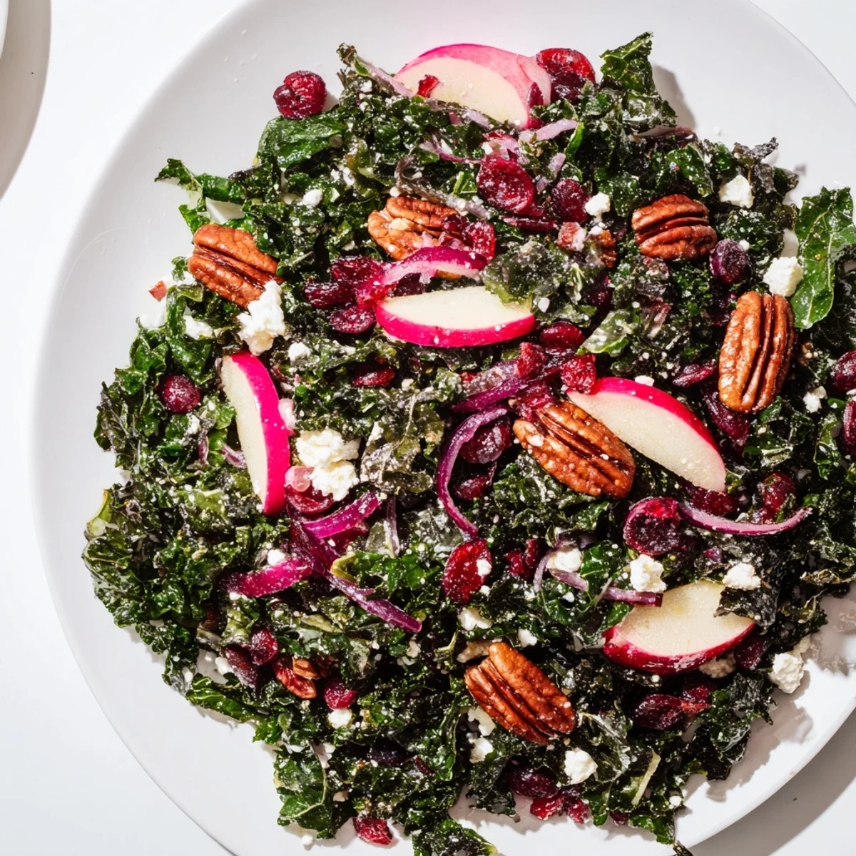 Freshly tossed Winter Kale Salad: crunchy pecans, sweet cranberries, and vibrant apple slices.
