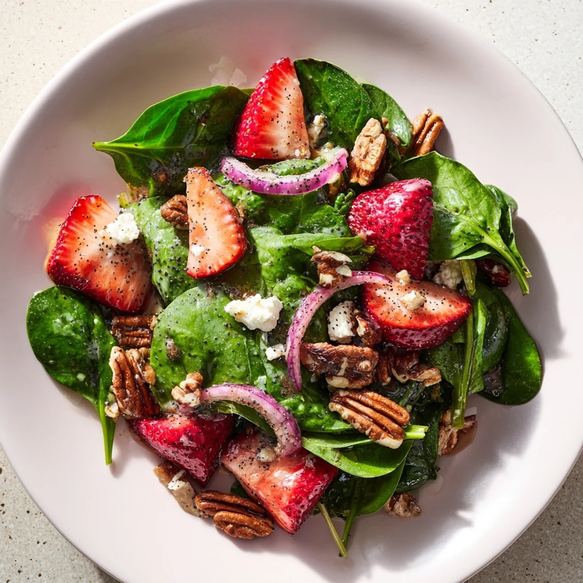 Vibrant strawberry spinach salad with poppy seed dressing, showing fresh strawberries and crunchy pecans.