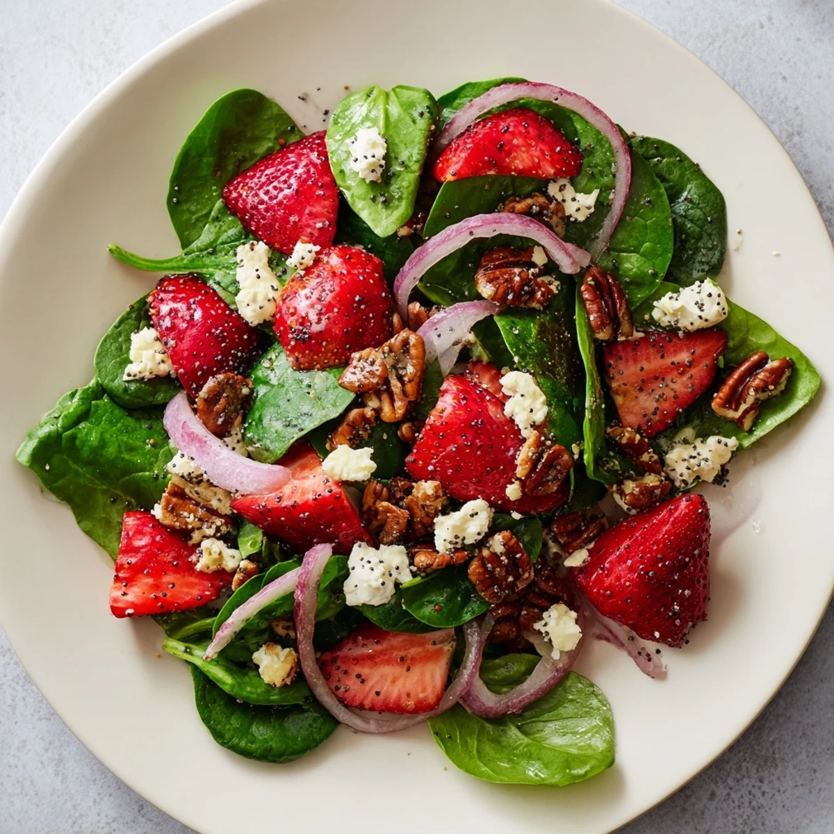 A delicious bowl of strawberry spinach salad featuring feta cheese and poppy seed dressing, ready to eat.