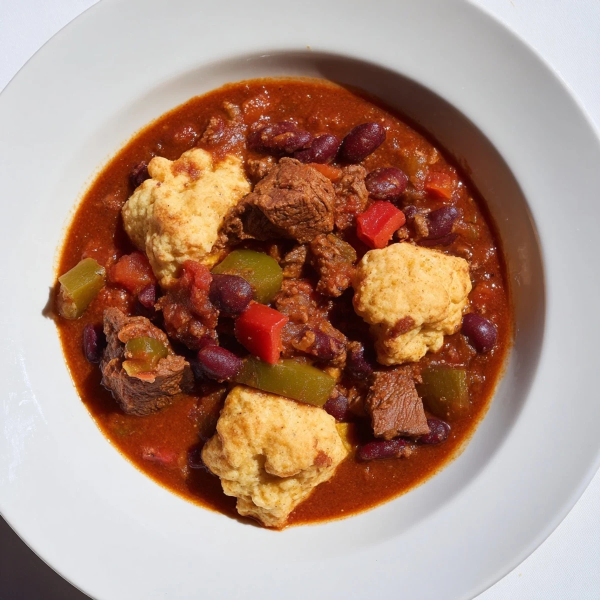 A pot of savory Beef Chili with Cornbread Dumplings, ready to serve with optional toppings.