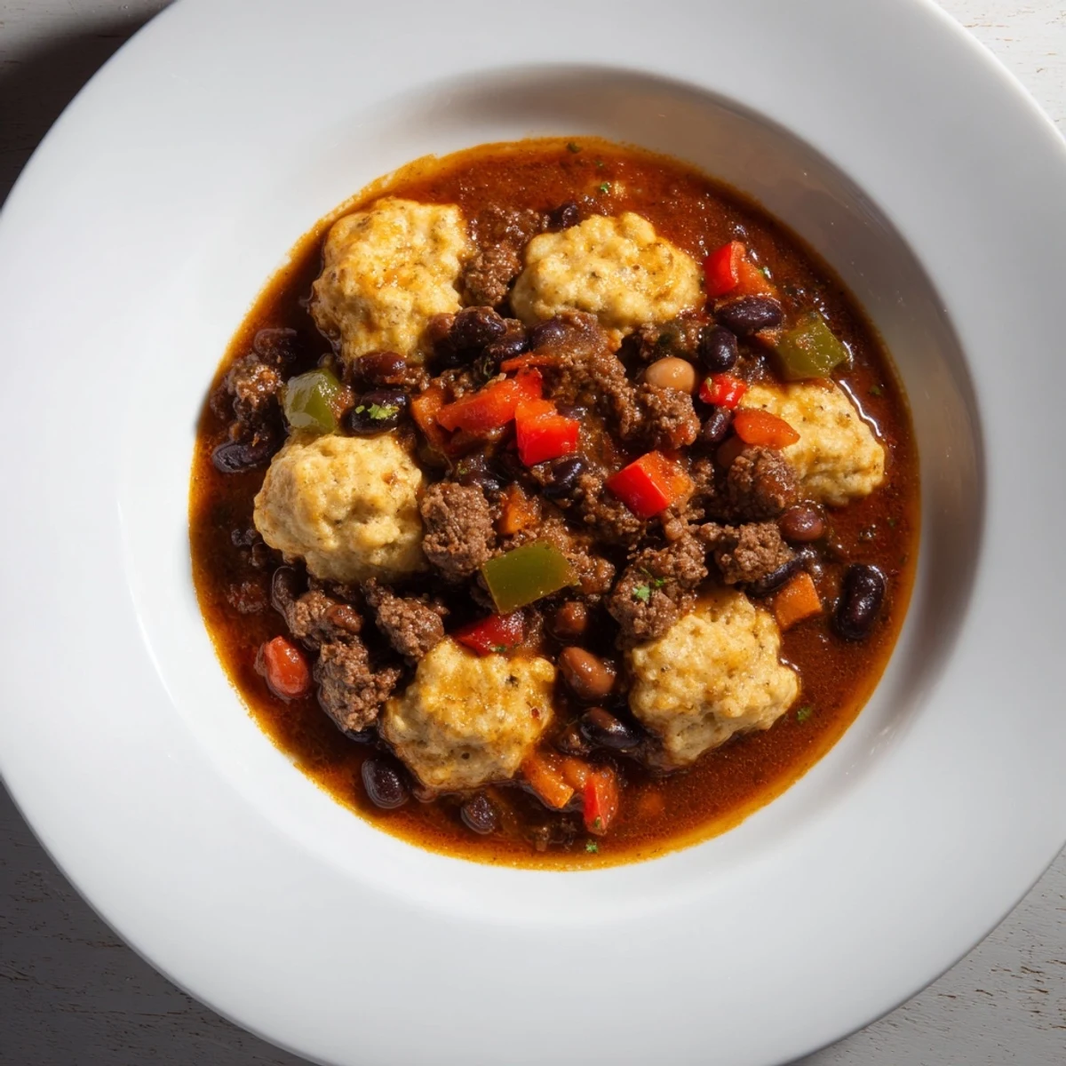 Close-up of a bowl, showcasing hearty Beef Chili with Cornbread Dumplings and flavorful spices.