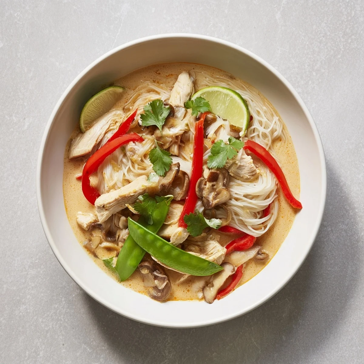 This vibrant Thai Red Curry Noodle Soup with chicken shows tender chicken and rice noodles in creamy broth.