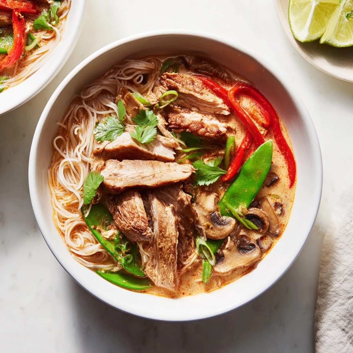 Steaming bowl of Thai Red Curry Noodle Soup with chicken, garnished with fresh cilantro and lime wedges.