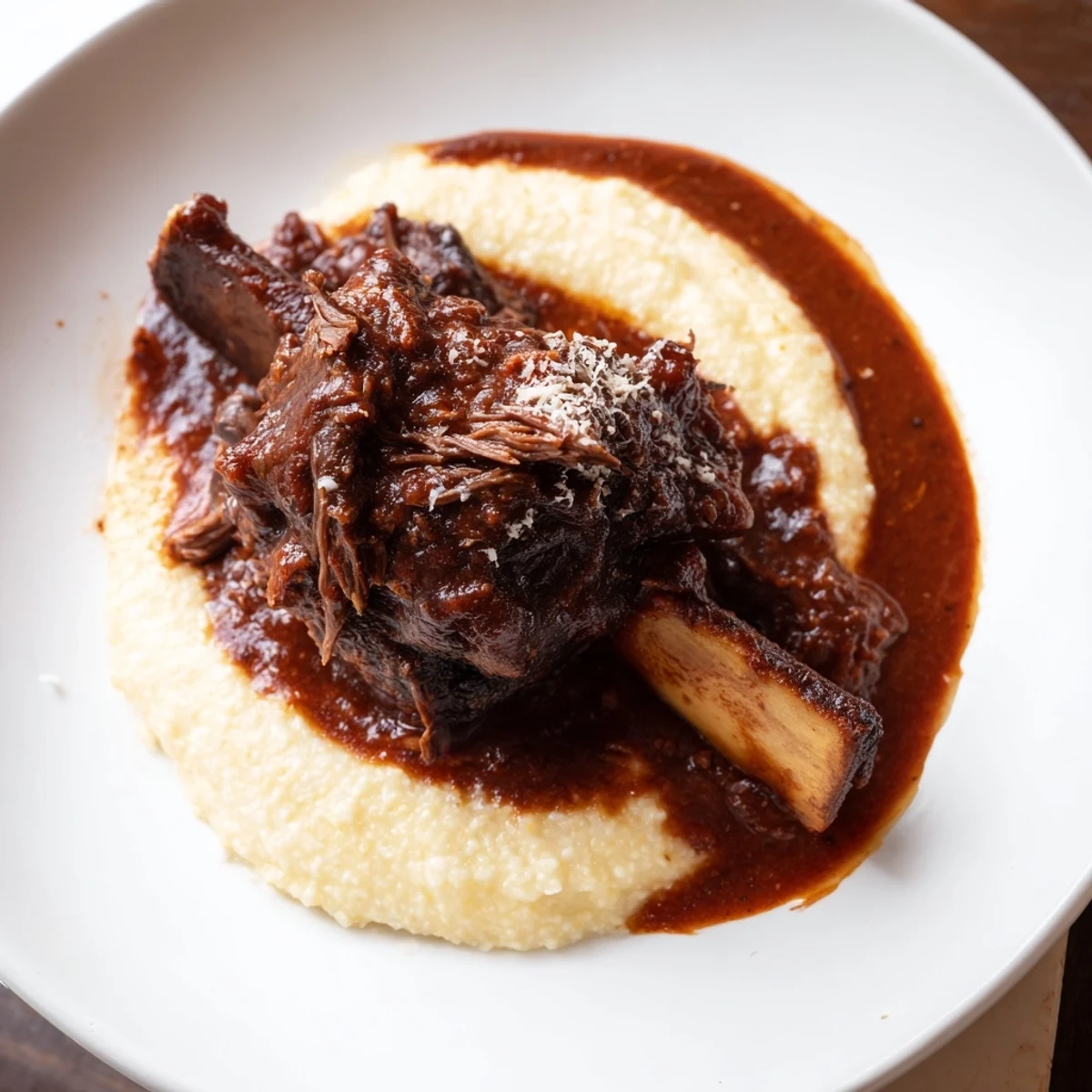 Tender, slow-braised beef short ribs cascading over a bed of creamy polenta, a comfort food classic.