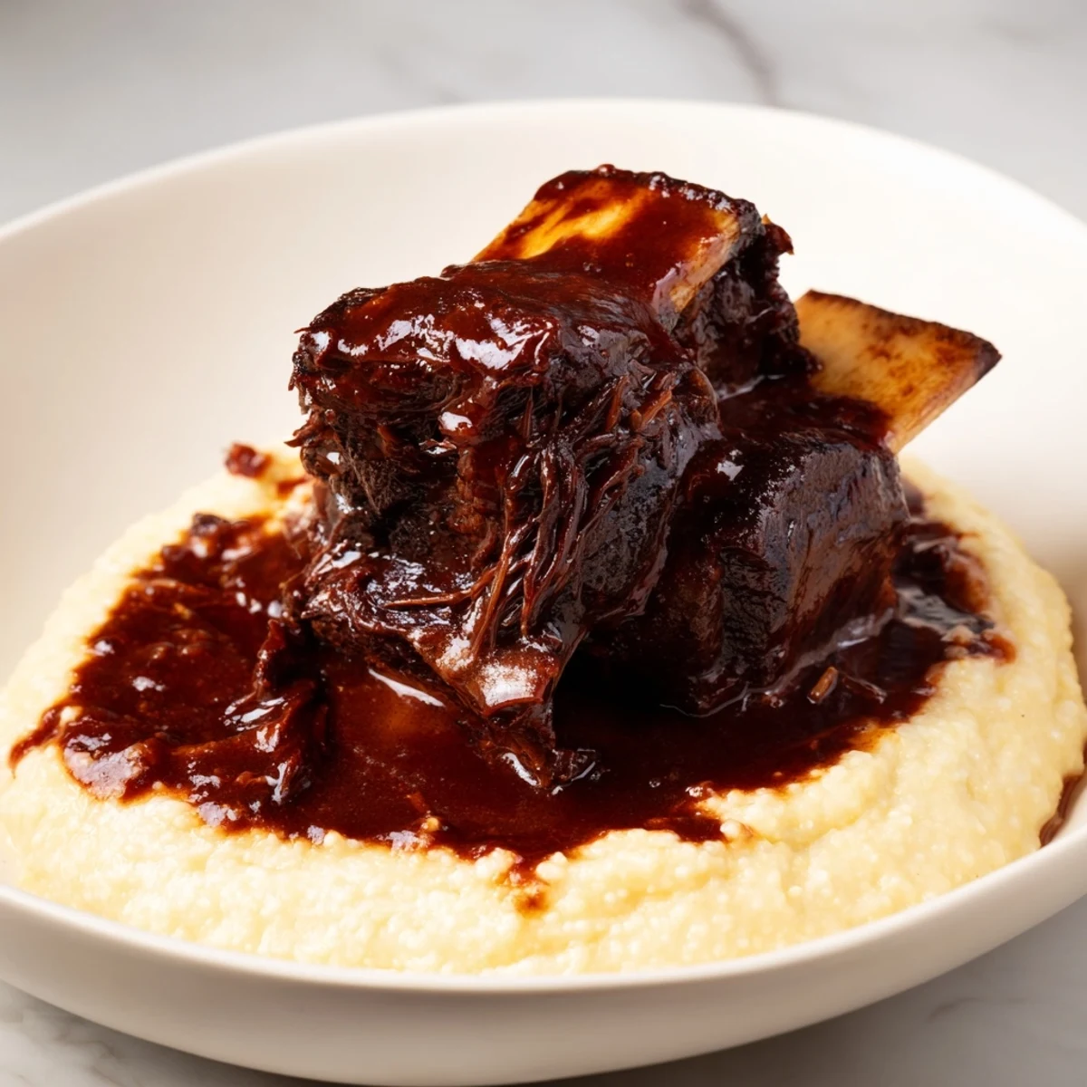 A close-up of creamy polenta topped with juicy braised beef short ribs and flavorful red sauce.