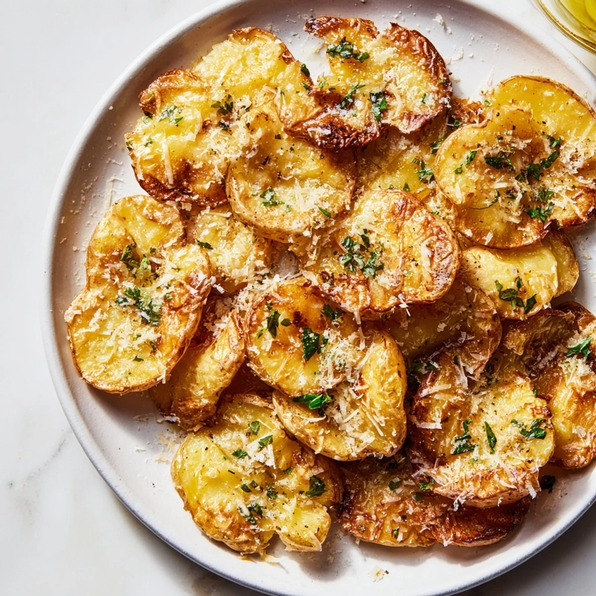 Golden-brown Garlic Parmesan Smashed Potatoes, fresh from the oven and sprinkled with parsley.
