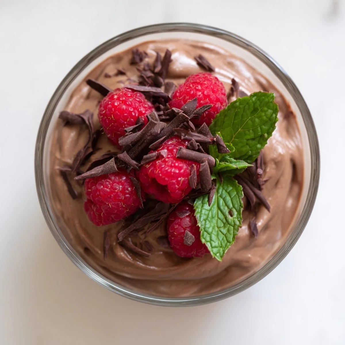 Velvety Chocolate Avocado Mousse served with vibrant red raspberries, a delightful dessert.