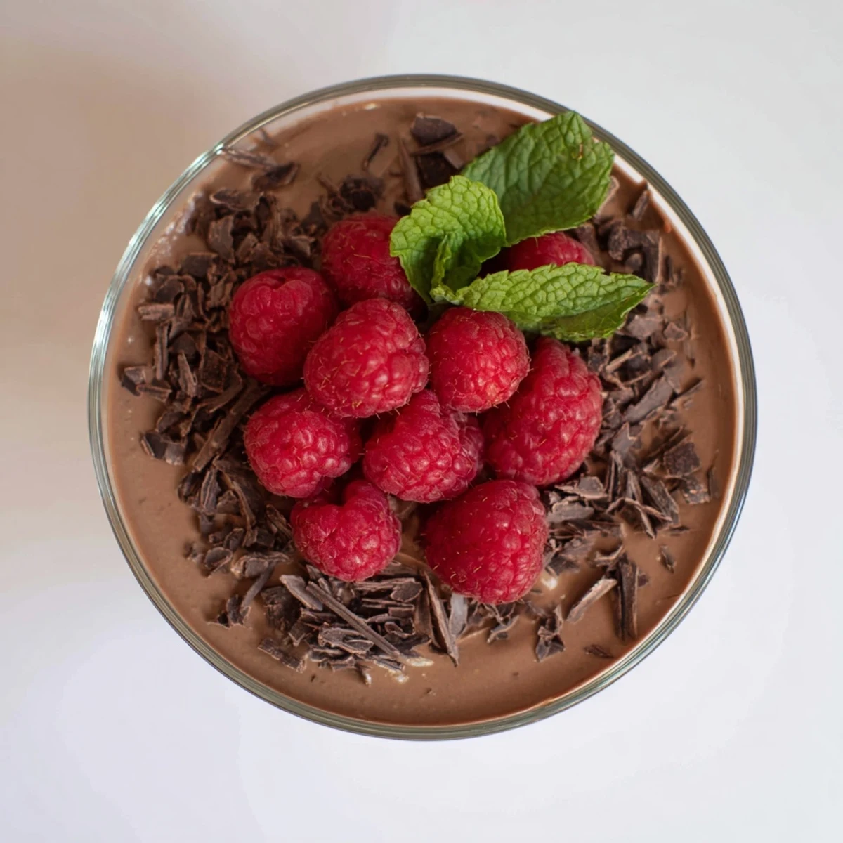 Decadent Chocolate Avocado Mousse topped with fresh raspberries, offering rich chocolate flavor.