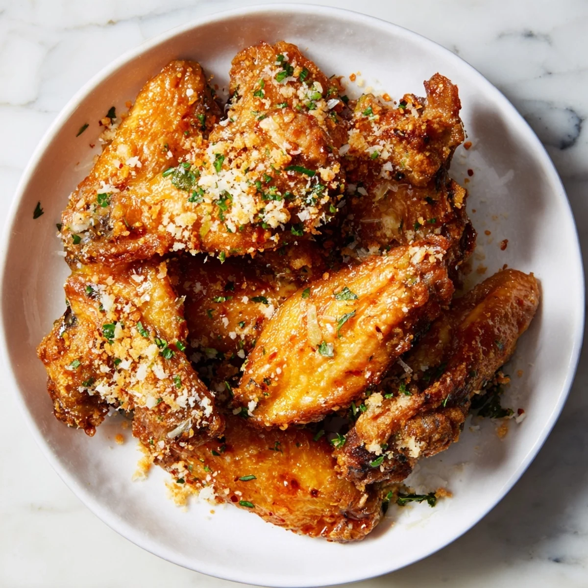 Crispy garlic parmesan chicken wings from the air fryer, coated in savory sauce, perfect for sharing.