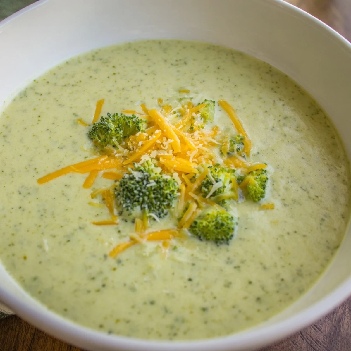 Golden, creamy broccoli soup with cheese topped with extra shredded cheddar and Parmesan.