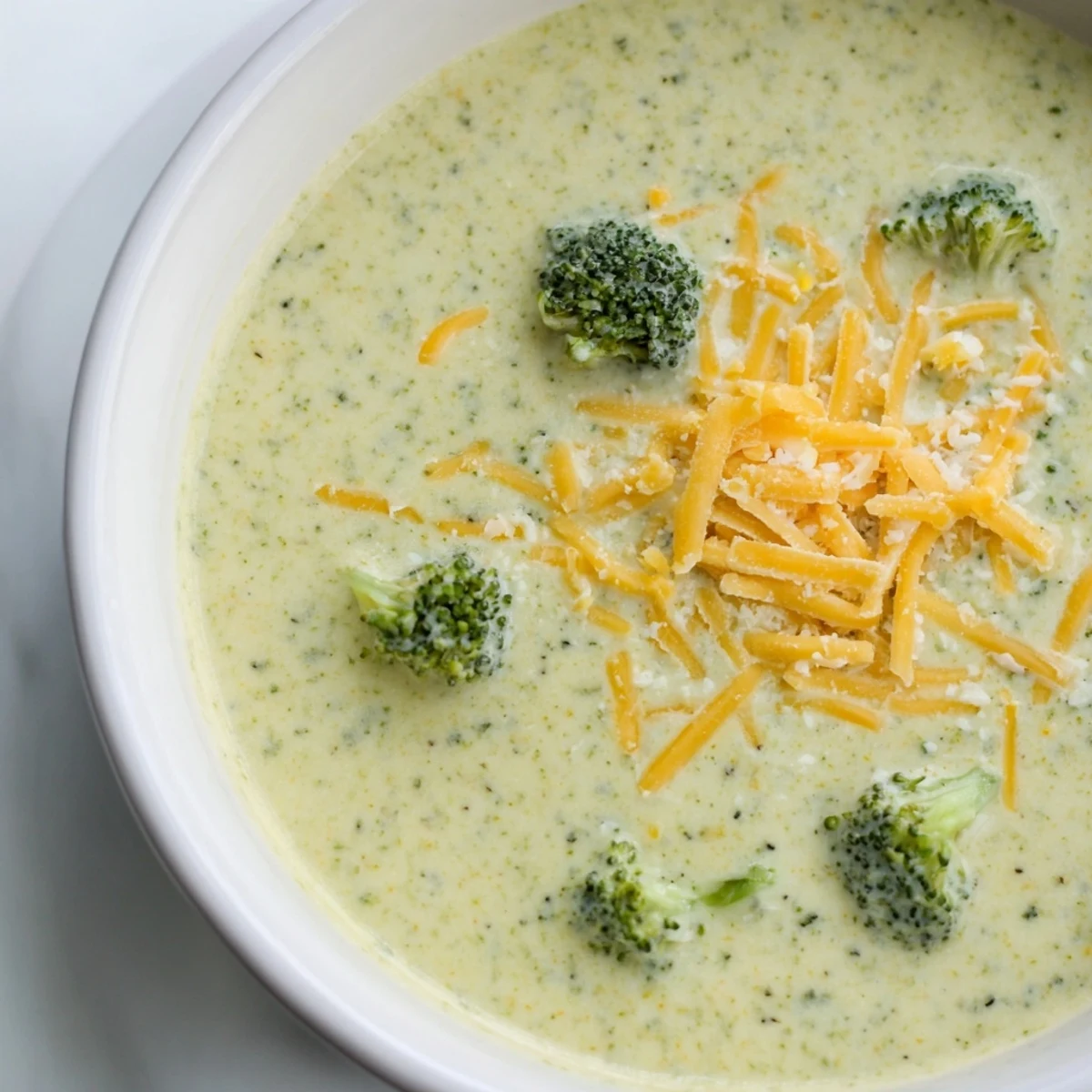 A steaming bowl of creamy broccoli soup with cheese, perfect for a cozy, comforting meal.