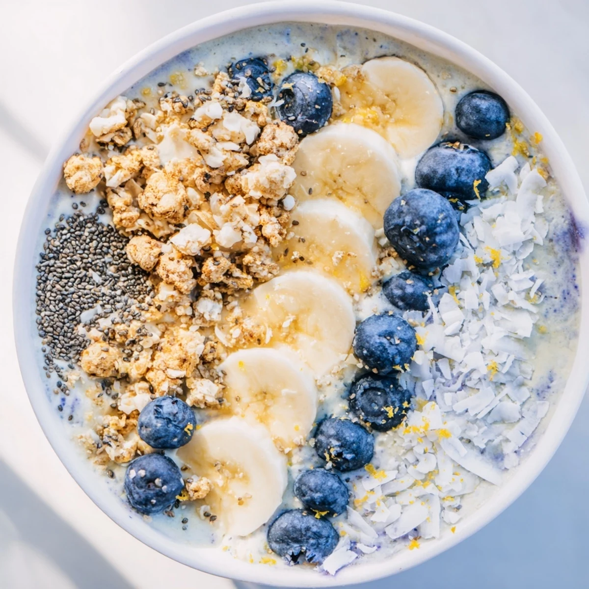 This healthy breakfast, a Lemon Blueberry Smoothie Bowl, offers a delightful contrast of textures and flavors.