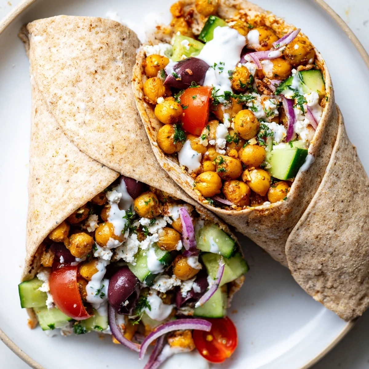 Mediterranean Chickpea Wrap bursting with colorful vegetables and seasoned chickpeas, ready to eat!